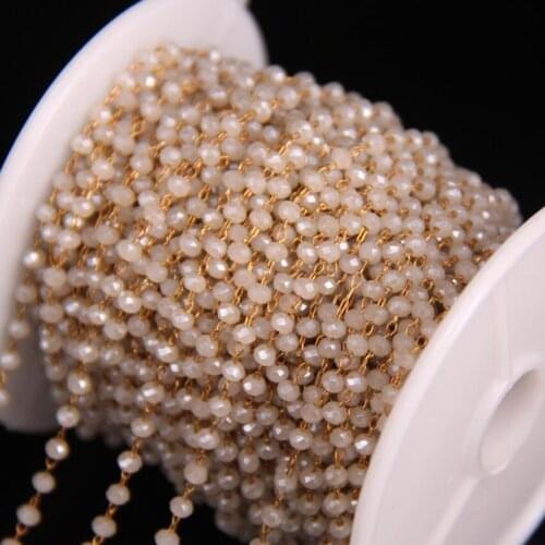 Crystal Faceted Rondelle Link Brass Wire Wrapped Chain,2x3mm Champagne color Glass Rosary Chain,DIY Necklace Jewelry Crafts