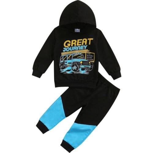 2 Pcs Toddler Casual Outfits, Boys Car & Letter Print Long Sleeve Hooded Sweatshirt + Color Block Pants 2-7T