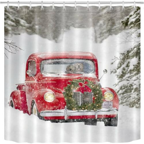 Christmas Wreath Retro Red Truck Winter Snow Shower Curtain Set Bathroom Decor