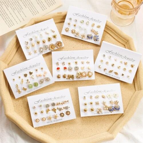 9 Pairs / Set Simple Fashion Cute Elephant Pearl Earrings for Women Creative Leaf Flower Pattern Temperament Stud Earring Girls