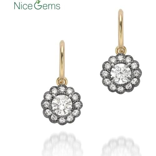 NiceGems Solid 14K Blackend white gold and 14K Yellow Gold 1.48CTW Round Brilliant Bloom Daisy Moissanite Hoop Earrings