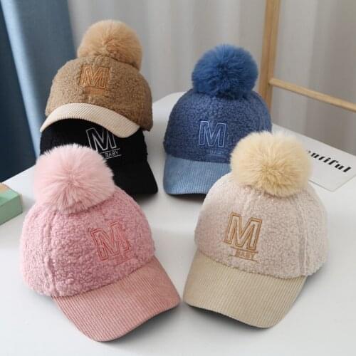 Infant Kids Baby Girls Boys Cute lamb plush baby fur ball cap 2-6Years Baby Accessories Letter Embroidery Hats for Autumn Winter