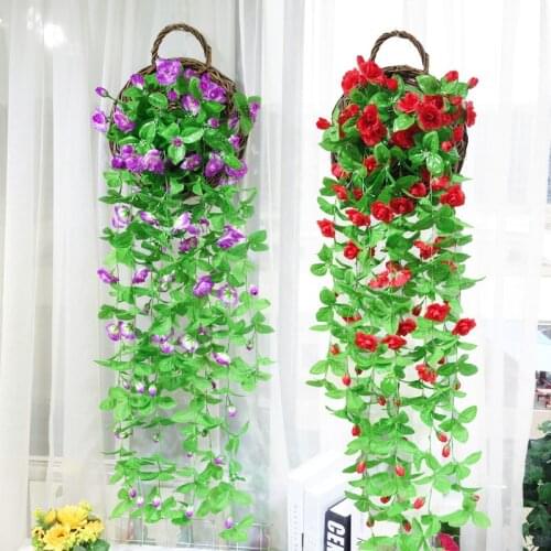 Silk Artificial Flowers With Leaves Silk Wall Hanging Vines fake Flower rose Vine Rattan For Home Balcony Fence Wedding Decor