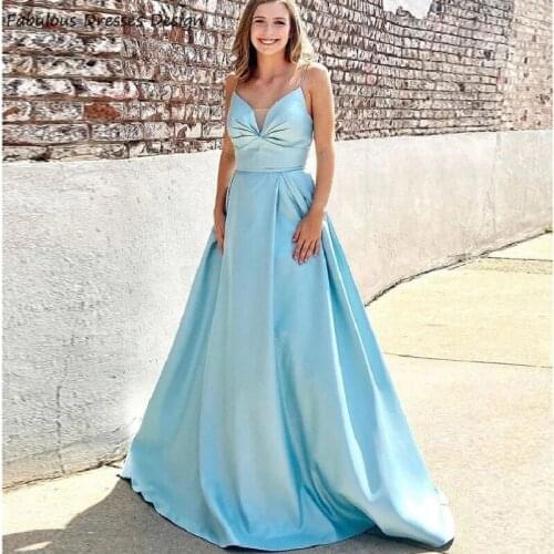 Light Blue Spaghetti Strap Prom Dresses Sweetheart A Line Long Evening Dress Party For Women 2020 Backless Vestido De Fiesta