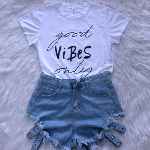 Only Good Vibes Tees Women Summer Slim Kawaii Women T Shirt Polyester High Quality Female Letter Print Independence Day T-shirt