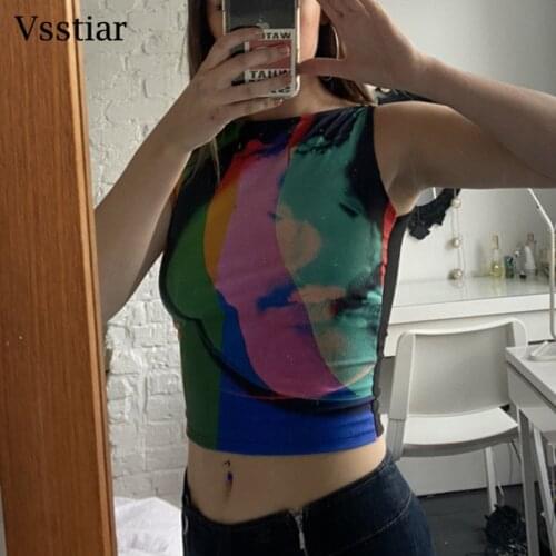 Vsstiar O Neck Vintage Tank Top Tie Dye Sleeveless Mesh T-Shirt Y2K Summer Women Street Casual Portrait Printed Sexy Cropped