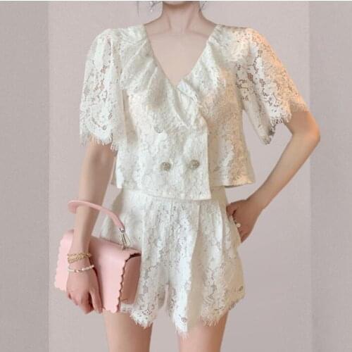 ZAWFL 2021 Fashion Two Piece Set Women Summer Retro Lace Short Sleeved V-Neck Shirt + High Waist Lace Up Wide Leg Shorts Suit