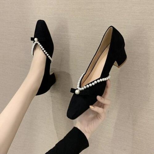 2021 autumn new style French romantic pearl ladies fashion square head thick heel shallow mouth leather Mary Jane female