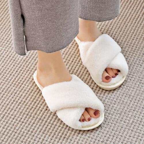 BEVERGREEN Leisure House Women Fur Slippers Solid Warm Faux Plush Girls Flat Cotton Shoes Home Open-toe Ladies Fluffy Slippers