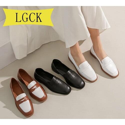 Plus Size 34-42 Genuine Leather Women Shoes High Quality Oxfords Brand Slip on Flat Casual Shoes Square Toe Vintage Shoes Woman