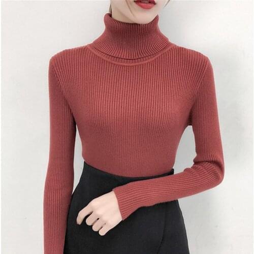 Women Sweater Stylish Ribbing Turtleneck Autumn Winter Solid Color High Stretchy Long Sleeve Knitted Pullover Streetwear Women