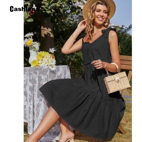 Cashiona Women Elegant Leisure Knee-Length Dress Latest Summer Casual Linen Beach Dresses Sexy Bandage Sleeveless Female Dress