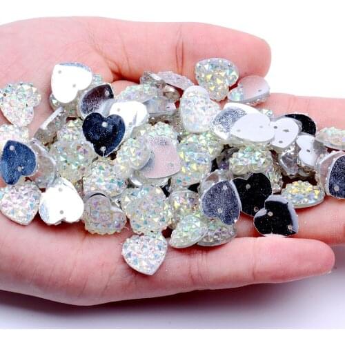 12mm 200pcs Heart Shape AB Colors Flatback Resin Rhinestones Gems With 2 Holes Sew On DIY Scrapbooking Craft Jewelry Decoration