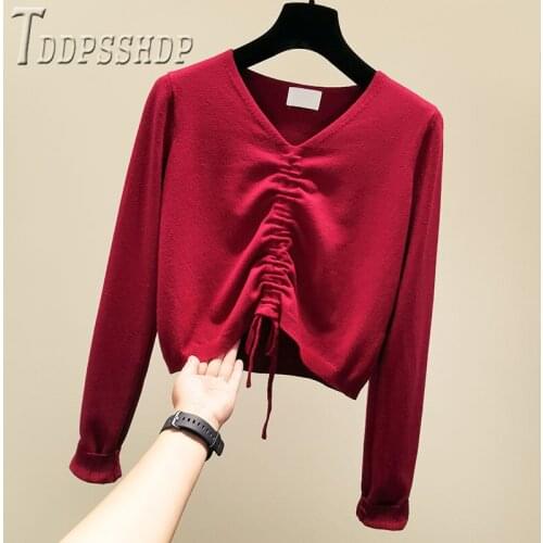 2020 V Neck Drawstring Knitting Women Sweater Korean Long Sleeve Loose Female Sweaters