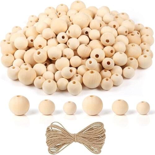 250Pcs Wooden Beads for Crafts, Unfinished Wood, 3 Different Sizes, with Jute Twine, for Making DIY Wood Bead Garland