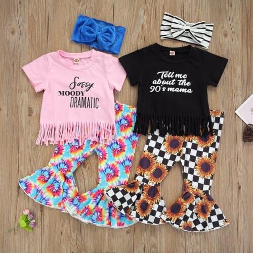 Toddler Baby Girls Short Sleeve Tassels Letter Tops + Floral Flared Trousers Pants + Bow Headwear 3Pcs Lovely Casual Outwear