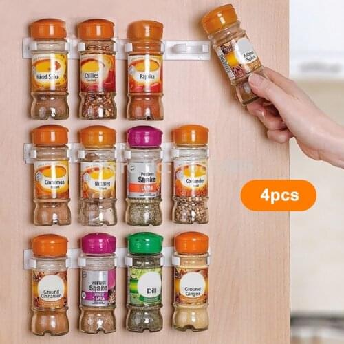 4pcs Bottle Rack Kitchen Storage Rack Wall Mount Jars Spice Holder Tools Plastic Clip Rack Cabinet Door Hooks Ingredient Spice