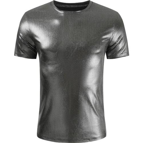 64# Men T-shirt Metallic Solid Short Sleeve Top Hip Hop Dance Shiny Blouse Nightclub Party Top Blouse Tees Футболка Мужская 2021