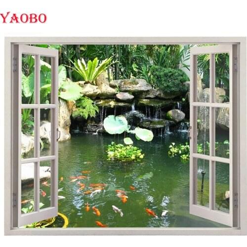 DIY Diamond Painting Window koi fish,full Diamond Embroidery Cross Stitch,rhinestone,natural scenery,almaznaya,Home Decoration