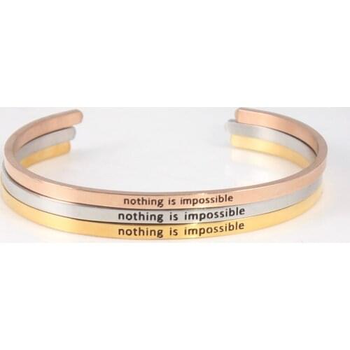 Bracelet -nothing Is Impossible- Inspirational Engraved Adjustable Mantra Band Cuff Bracelet - Perfect Little Gift