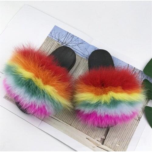 Wholesale Baby Fox Fur Slippers Girls Luxury Fluffy Fur Slides Childrens Furry Flip Flops Kids Plush Sandals Cute Home Shoes