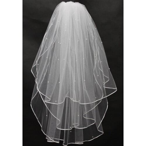 Short Bridal Veil for Wedding Exquisite Cheap Bridal Veil 3 Layers Beads Ribbon Edge Wedding Accessories Wedding Dress Veil