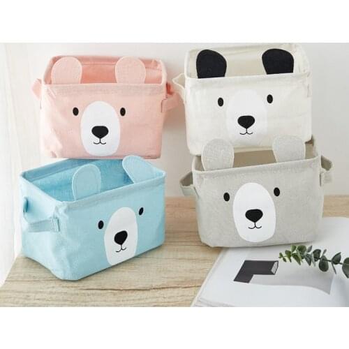 Cartoon Ear Bear Square Box Multifunctional Canvas Cotton Linen Simple Multifunctional Storage Box for Office and Home Storage