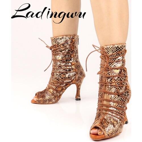 Ladingwu Women Latin Dance Boots Serpentine Flannel Bachata Salsa Dancing Shoes for Woman Ballroom Dance shoes Girls High Top Sa