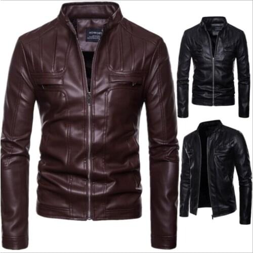 Mens leather jacket slim motorcycle leather coat men jackets clothes personalized stand collar stage street fashion brown
