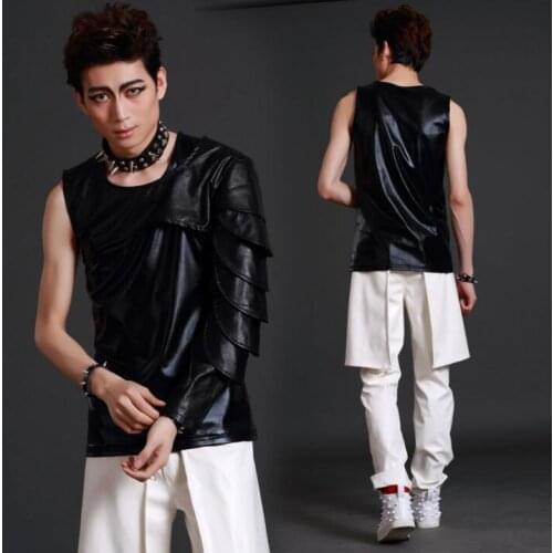 Men vest leather clothing personality slim male sleeveless vests men punk rock costumes singer dance stage star fashion black