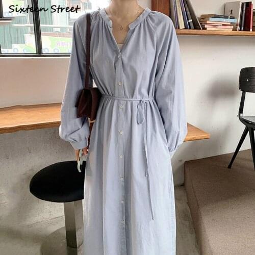 Vintage Lantern Sleeve Maxi Dress Woman V-neck Single-breasted Lace-up Loose Shirt Dress Vestidos Ladies Harujuku Dress Autumn