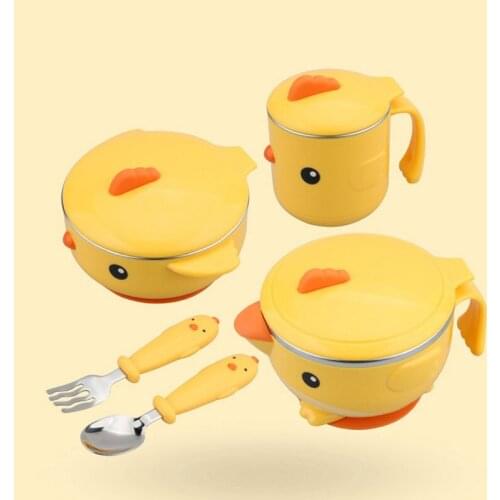 5 pcs Baby Feeding Tableware Food Warm Dish Bowl Set Stainless Steel Anti-Slip Children Kid Plate Set With Spoon Fork Sucker
