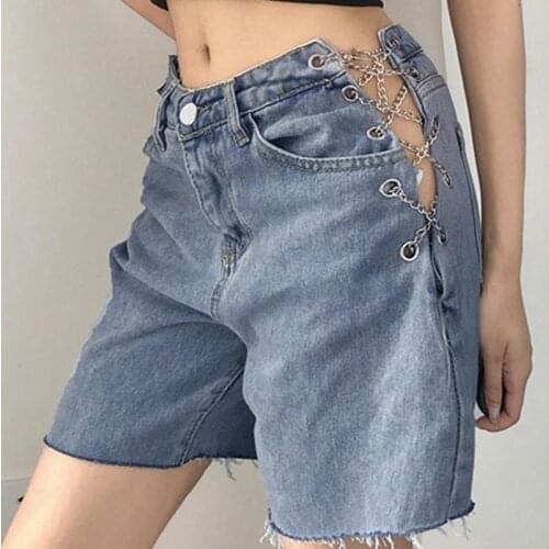 Straight solid color streetwear 2021 summer high street hollow shorts cowgirl chain female shorts jeans crisscross pure cotton