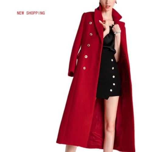 Christmas Red Overcoat Women Winter Wool Coat 2020 Vintage Elegant OL Fashion Double Breasted Long Coat Plus Size 2XL Slim-fit