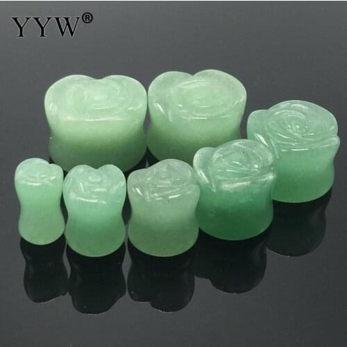 YYW Fashion Piercing Tunnel Jewelry 2PCs 6/8/10/12/14/16mm Flower Natural Green Aventurine Stone Ear Plug Tunnel Earrings