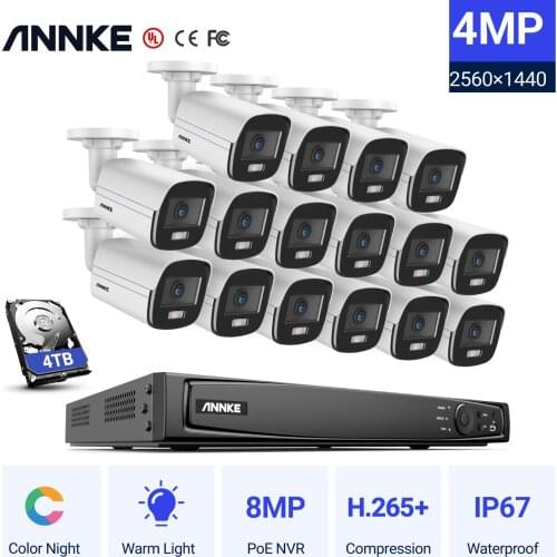 ANNKE NCK800 16CH Full Color PoE Network Video Security System H.265+ Surveillance NVR 16x4MP IP67 Outdoor Night Vision Camera