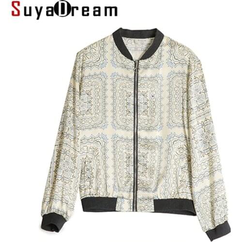 SuyaDream Women Printed Jacket 100%Real Silk Satin Zipper Up Beige Jackets 2021 Fall Winter Outwear Black