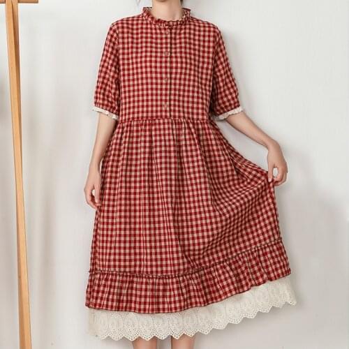 Lamtrip Vinatge Plaid Ruffled Collar Loose Single Breasted Dress Retro Linen Robe