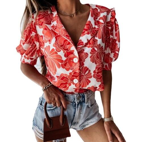 Casual Short Sleeve Ruffle Print Shirt Blouse Woman Summer Fashion V-neck Button Slim Shirts Top Femme Pink Office Women Clothes