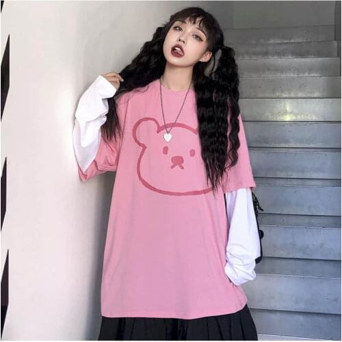 Pink Long-sleeved T-shirt Women Tshirt Couple Autumn Clothing 2021 New Korean Retro Bear Print Loose Fake Two-piece Tops Kawaii