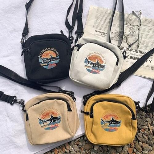 Fashion Kawaii Shark Print Mini Crossbody Bags for Women Canvas Portable Shoulder Bag Casual Shipping Phone Coin Bags Sac a main