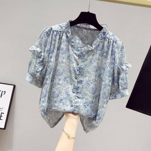 2021 New Summer Fashion Womens Ruffles Collar Short Sleeves Vintage Floral Print Chiffon Shirt Ladies Casual Shirts Tops