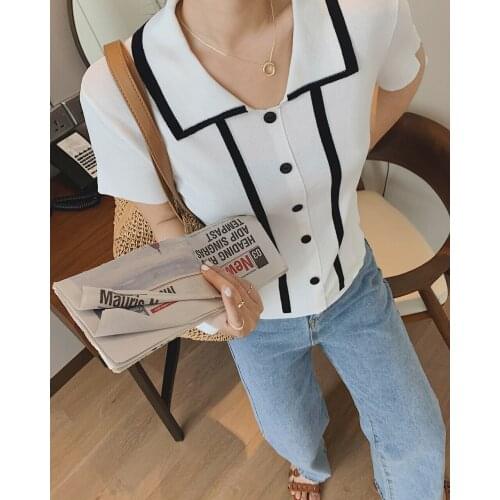 2021 Womens Knitted Ice Silk Polo T-shirt Top Y2k Za Woman Aesthetic Korean Clothing Blouses Shirts Tee Suits Sweater Cropped