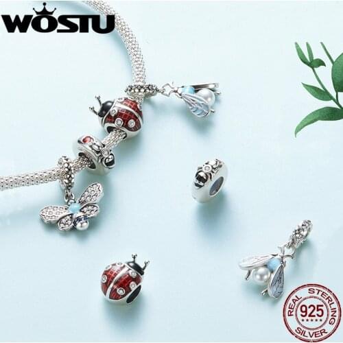 WOSTU Busy Bee 925 Sterling Silver Sky Blue Enamel Bee Pendant Charms for Original Women Bracelets Cubic Zircon Jewelry CQC1480