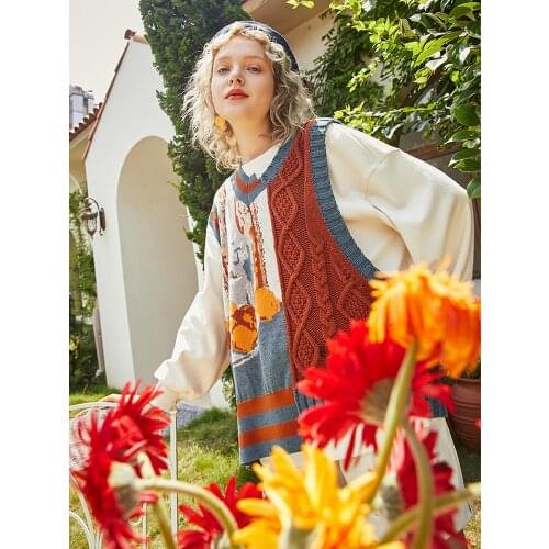 【Biutefou】Original Design 2021 Autumn Women Vintage Art Graffiti Sleeveless Sweater