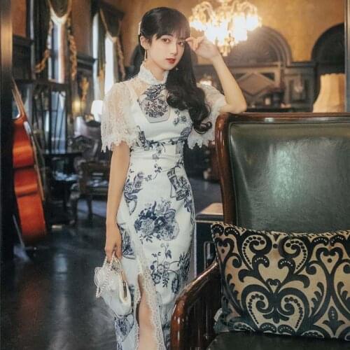 Retro Blue White Porcelain Print Cheongsam Women 2021 Summer Lace Stitching Irregular Design Chic Young Elegant Qipao Vestido
