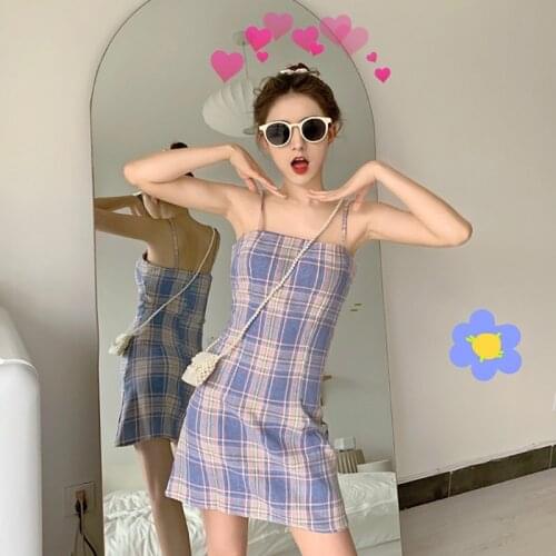 Summer Plaid Dress Slim Small Fresh Fashion Women Holiday Korean Sweet Casual Vestidos