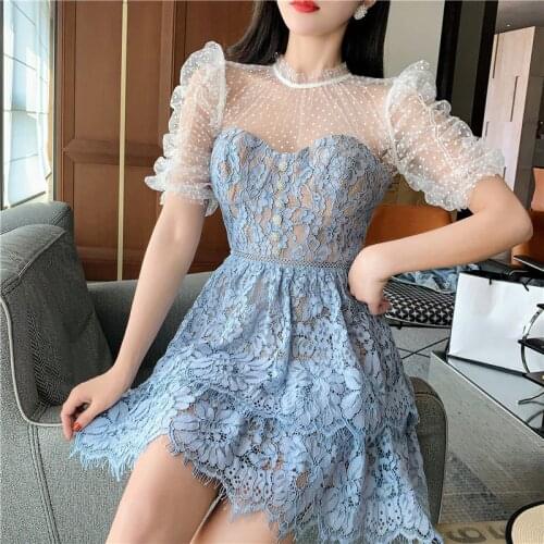 Woman Summer Lace Dress 2021 See Through Mesh Patchwork Dot Puff Sleeve Backless A-line Double Layered Short Dresses