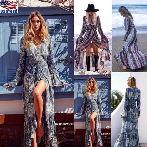 2019 Women Summer Boho Chiffon V Neck Party Evening Beach Dresses Long Maxi Dress Sundress