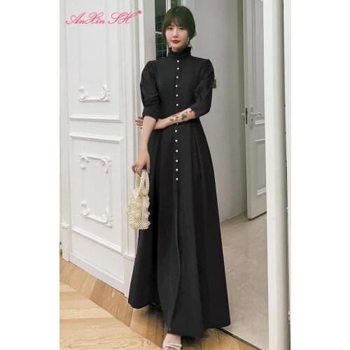 AXJFU princess navy blue lace evening dress beading flower wine red v neck luxury evening dress turkey vintage evening dress